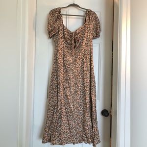 ASTR The Label Lace Up Puff Sleeve Floral Midi Dress Brown Floral Print XL NWT